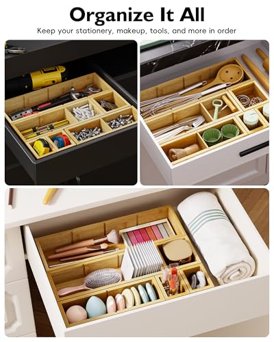 Bamboo Drawer Organizer Set, 6 PCS Desk Drawer Organizer Trays with 12 Compartments, Wood Storage Boxes for Junk Drawer, Kitchen Utensils, Office Supplies, Makeup, Jewelry, Bathroom - size: 12 Compartments