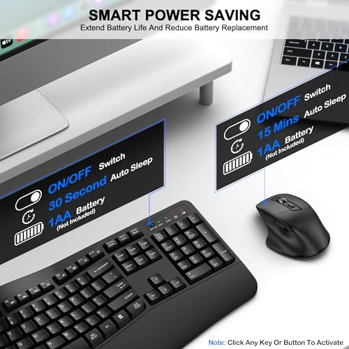 Wireless Keyboard and Mouse Combo, 2.4G Full Size Wave Keys Ergonomic Keyboard with Wrist Rest and 3-Level DPI Adjustable Wireless Ergonomic Mouse for Windows, Mac OS Desktop/Laptop/PC(Black) - color: Black