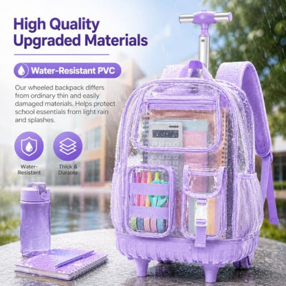 WZLVO Clear Backpack Rolling Backpack for Girls Women, Heavy Duty PVC Transparent Bookbag, See Through Wheeled Backpacks Set for Teens Elementary Travel - Purple - color: Purple