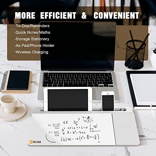 SELEAD Desktop Glass Whiteboard with Wireless Charger Station, Dry Erase Board Computer Pad Keyboard Stand with Organizer Drawer for Home, School, Office Desk Accessories, White - color: White Charger