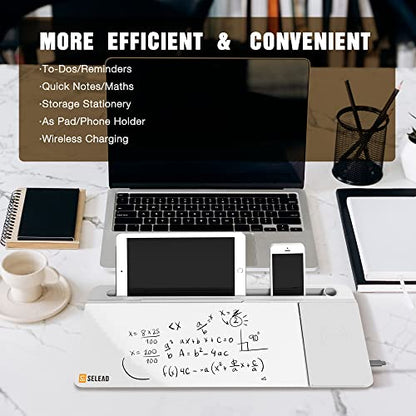 SELEAD Desktop Glass Whiteboard with Wireless Charger Station, Dry Erase Board Computer Pad Keyboard Stand with Organizer Drawer for Home, School, Office Desk Accessories, White - color: White Charger