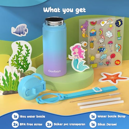 Gonfoam 16oz Kids Water Bottle, Stainless Steel Insulated Cup | DIY Stickers, BPA-free, Leak-proof, Sturdy, Keeps Cold 24h, Easy to Carry, Easy to Clean, Back to School, Gifts - color: Blue and Purple