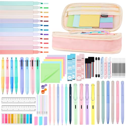 80Pcs Aesthetic School Supplies with Cute Pencil Case, 12 Pastel Highlighters, 4 Multicolor Ballpoint Pens, 6 Gel Pens with Refills, 10 Mechanical Pencils with Leads for Student Stationery Set(Pink) - style: Pink
