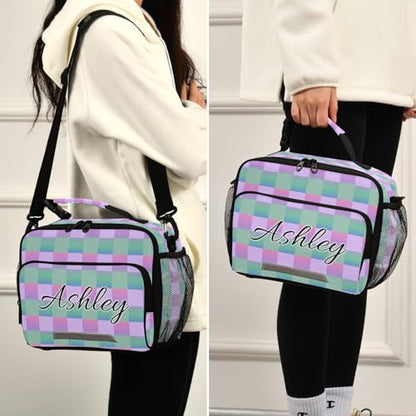 Custom Student Lunch Bag for Boys Girls Gradient Checkered Personalized Lunch Box With Name Insulated Cooler Bag for School Picnic Travel - color: Multi20
