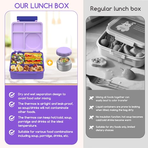 Bento Box for Kids - Leak-Proof Bento Lunch Box with Insulated Thermo Food Jar - 4 Compartments, 1 Removable Divider, 1 Spoon, 1 Fork - Dishwasher Safe, BPA-Free (Light purple) - color: Light Purple