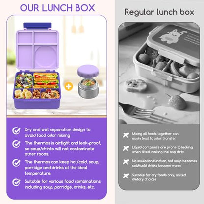 Bento Box for Kids - Leak-Proof Bento Lunch Box with Insulated Thermo Food Jar - 4 Compartments, 1 Removable Divider, 1 Spoon, 1 Fork - Dishwasher Safe, BPA-Free (Light purple) - color: Light Purple