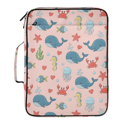 3-Hole Ring Binder Organizer Bag with 7-Pocket Accordion Divider Cute Sea Animals Whales Document Storage Bag with Mesh Storage Pouch