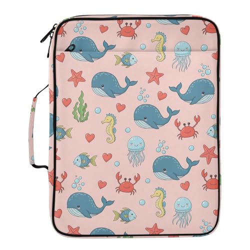 3-Hole Ring Binder Organizer Bag with 7-Pocket Accordion Divider Cute Sea Animals Whales Document Storage Bag with Mesh Storage Pouch