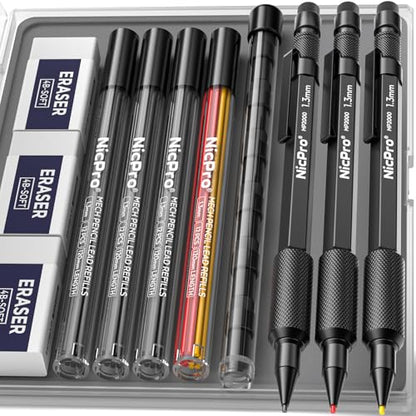 Nicpro 3 PCS 1.3 mm Blacke Mechanical Pencils Set with 48 Lead Refill, 3 Eraser - Weatherproof Metal Barrel, Heavy Duty Carpenter Pencil MP2000 for Outdoor Marking Drafting Drawing Woodworking - style: 3 Pack (Black)