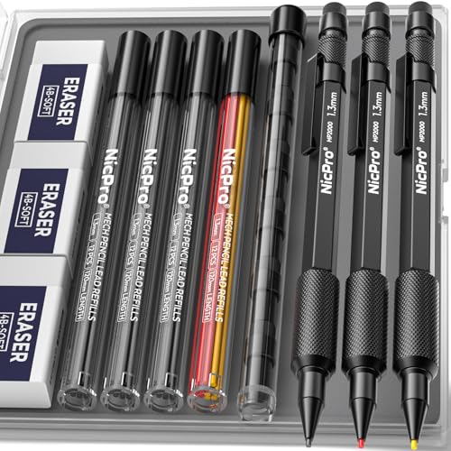 Nicpro 3 PCS 1.3 mm Blacke Mechanical Pencils Set with 48 Lead Refill, 3 Eraser - Weatherproof Metal Barrel, Heavy Duty Carpenter Pencil MP2000 for Outdoor Marking Drafting Drawing Woodworking - style: 3 Pack (Black)