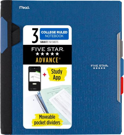 Five Star Advance Spiral Notebook + Study App, 3 Subject, College Ruled Paper, 8-1/2" x 11", 150 Sheets, Spiral Guard, Movable Tabbed Dividers, Pacific Blue (73138) (Pack of 6) - color: Pacific Blue, size: Pack of 6