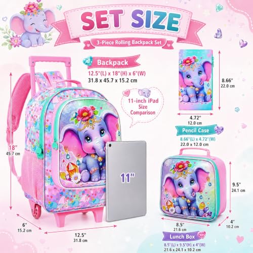 3Pcs Rolling Backpack for Girls, Elephant Roller Bookbag with Lunch Box, Kids School Backpacks with Wheels for Elementary Preschool(Pink) - color: Elephant Pink