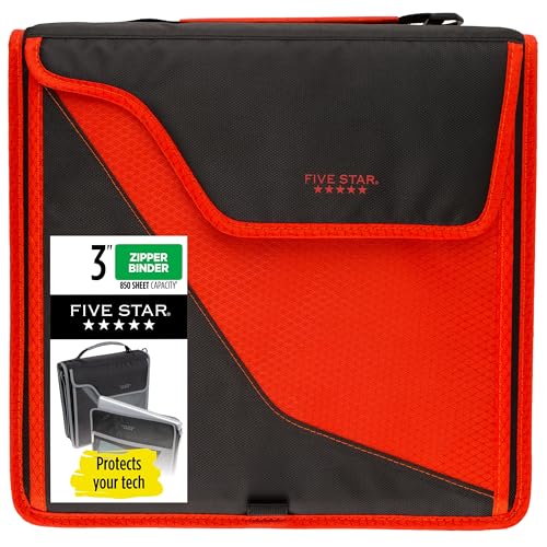 Five Star Zipper Binder, 3 Inch 3-Ring Binder with D Rings, Removable Padded Case, 5-Tab Expanding File and Multi-Use Strap, 850 Sheet Capacity, Red/Black (29296CE8) - color: Red/Black, size: 3 Inch
