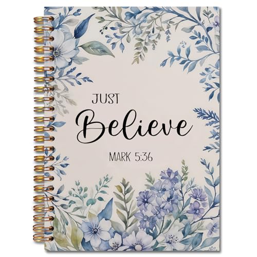Floral Christian Spiral Notebooks, Just Believe Mark 5:36 Bible Journal, Scripture Journals for Writing, Christian Gifts for Women, Religious Notebook for Note Taking, 5.5x8.3 Inch - color: white Bible Notebook-2