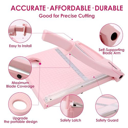 12" Paper Cutter, Precision Cut with Safety Protection and Blade Lock, 12 Sheet Capacity, Great for Cardstock, Cardboard, Photo, Vinyl, Crafts, Scrapbook (Pink) - color: Pink