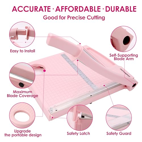 12" Paper Cutter, Precision Cut with Safety Protection and Blade Lock, 12 Sheet Capacity, Great for Cardstock, Cardboard, Photo, Vinyl, Crafts, Scrapbook (Pink) - color: Pink