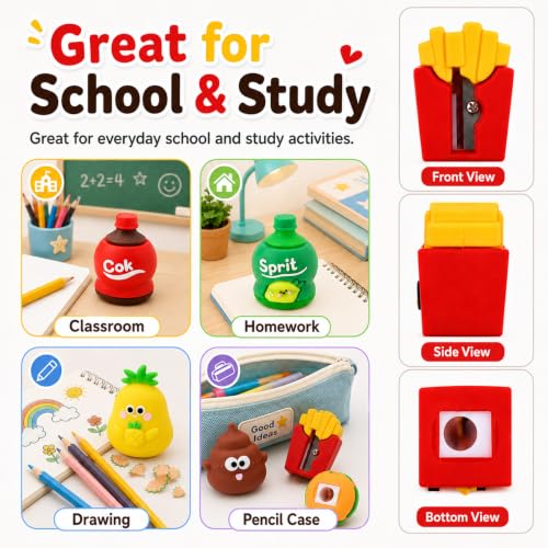 6 PCS Cute Pencil Sharpeners for Kids, Pencil Sharpener Manual (Style 1) | Cute Food Shapes, Compact Travel Size, Smooth Sharpening, Built-in Blade, Easy to Carry, Adorable Desktop Decor - style: Style 1