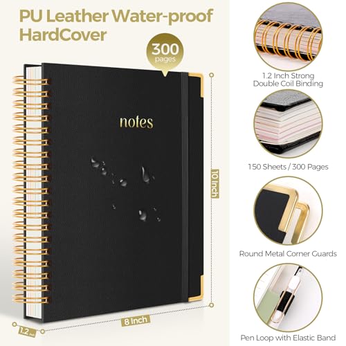 SKYDUE 5 Subject Notebook with Dividers and Tabs, 8" x 10" College Ruled Notebook for Work, 300 Pages Spiral Journal for Women, Black - color: Black
