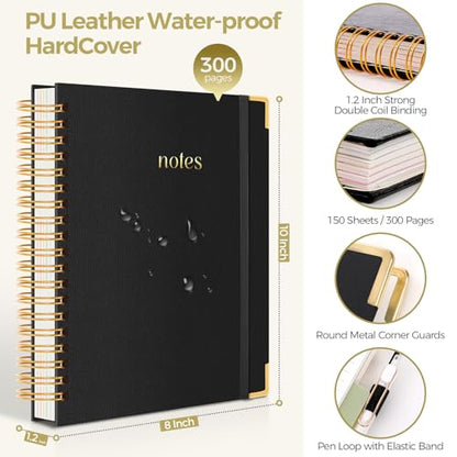 SKYDUE 5 Subject Notebook with Dividers and Tabs, 8" x 10" College Ruled Notebook for Work, 300 Pages Spiral Journal for Women, Black - color: Black