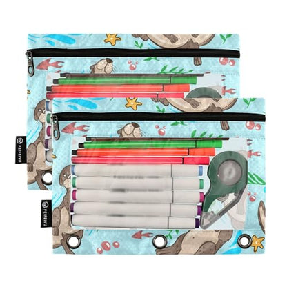 ZAZYXTJ Otter Binder Pencil Pouchs 3 Ring with Zipper Clear Window Office Organizers bag for School Students Teacher Supplies 2 Pack - color: Otter