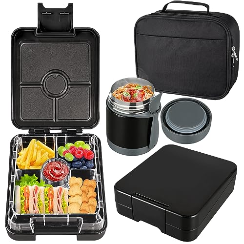 Bento Lunch Box Set for Kids with 10oz Soup Thermo, Leak-Proof Lunch Containers with 4 Compartment, Kids Thermo Hot Food Jar and Insulated Lunch Bag for Kid to School,BPA-Free(Black) - color: Black