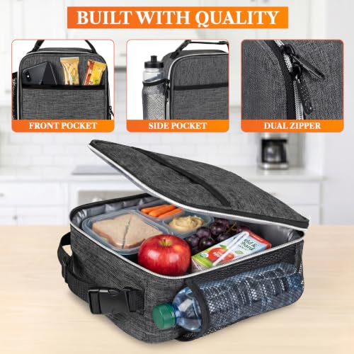 opux Insulated Lunch Bag for Kids Boys Girls, Small Compact Lunch Box with Wide Opening & Mesh Pockets, Reusable Lunch Pail for School, Work, Adults, Men, Women, Charcoal - color: Charcoal