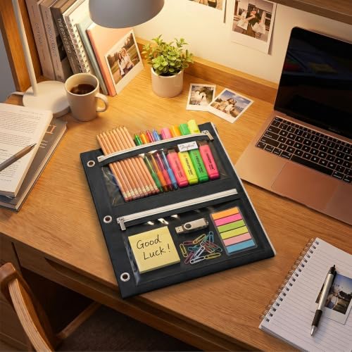 SKYDUE Pencil Pouch for 3 Ring Binder, 3 Compartment Zipper Pencil Case, Large Capacity Pen Organizer with Clear PVC Window for School Supplies, Students, Kids & Teachers - color: Black