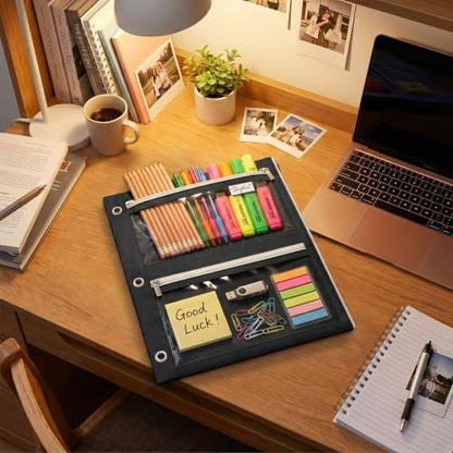 SKYDUE Pencil Pouch for 3 Ring Binder, 3 Compartment Zipper Pencil Case, Large Capacity Pen Organizer with Clear PVC Window for School Supplies, Students, Kids & Teachers - color: Black