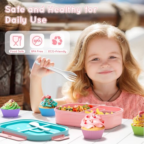 Lunch Box Kid Adult Bento Box, 4-Compartment Food Lunch Containers with Fork & Spoon, BPA Free, Leak-Proof Bento-Style Lunch Box for Work School, Microwave & Dishwasher Safe (Candy) - color: Candy