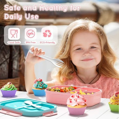 Lunch Box Kid Adult Bento Box, 4-Compartment Food Lunch Containers with Fork & Spoon, BPA Free, Leak-Proof Bento-Style Lunch Box for Work School, Microwave & Dishwasher Safe (Candy) - color: Candy