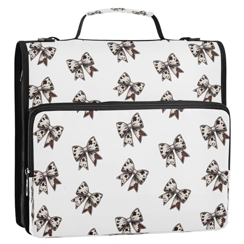 Cow Print Bows Zippered Binder Bag with Handle and Shoulder Strap, 1.5 inch 3 Ring D Ring Expanding File Folder Waterproof Multiple Pockets Organizer Binder