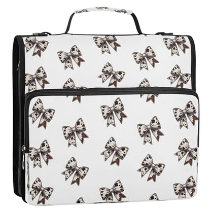 Cow Print Bows Zippered Binder Bag with Handle and Shoulder Strap, 1.5 inch 3 Ring D Ring Expanding File Folder Waterproof Multiple Pockets Organizer Binder