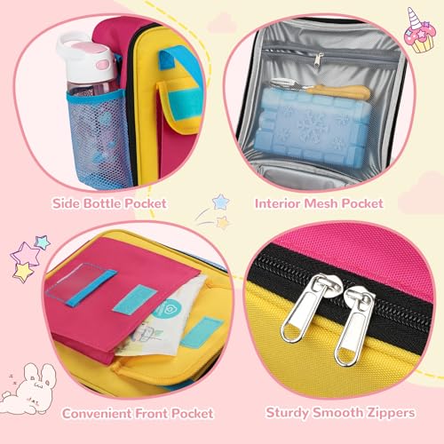 REDSHELL Lunch Box Kids, Large Insulated Lunch Bag for Girls, Pink Blue | Tactical Style, Cooler Lunchbag, Square Toddler Lunchbox, School & Daycare, Lunch Tote, Water Bottle Holder, Adjustable Strap - color: Pink & Blue