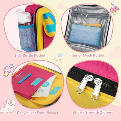 REDSHELL Lunch Box Kids, Large Insulated Lunch Bag for Girls, Pink Blue | Tactical Style, Cooler Lunchbag, Square Toddler Lunchbox, School & Daycare, Lunch Tote, Water Bottle Holder, Adjustable Strap - color: Pink & Blue
