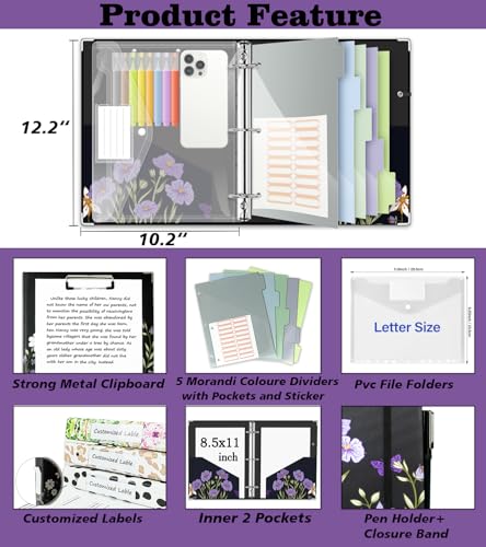 3 Ring Binder 1 Inch, Three Ring Binders Organizer with Clipboard, 5-Tabs Pockets Dividers, Plastic Folder, 18 Divider Stikers, BVSSX Pretty Binder with Pen Loop (Black Weeds, Letter Size) - color: Black Weeds, size: 1in（Letter Size）