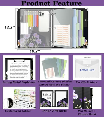 3 Ring Binder 1 Inch, Three Ring Binders Organizer with Clipboard, 5-Tabs Pockets Dividers, Plastic Folder, 18 Divider Stikers, BVSSX Pretty Binder with Pen Loop (Black Weeds, Letter Size) - color: Black Weeds, size: 1in（Letter Size）
