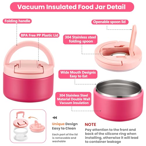 Bento Lunch Box for Kids with 8oz Soup Thermo,Kids Leakproof Lunch Food Containers with 4 Compartment,Kid Insulated Thermo Hot Food Jar for School,Trvael-Pink - color: Pink