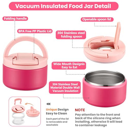 Bento Lunch Box for Kids with 8oz Soup Thermo,Kids Leakproof Lunch Food Containers with 4 Compartment,Kid Insulated Thermo Hot Food Jar for School,Trvael-Pink - color: Pink