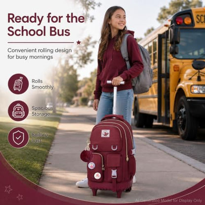 CCJPX Rolling Backpack for Girls, 21 inch Women Roller Wheels School Bookbag, Laptop Wheeled Water Resistant Wheeled Bookbag Set - Red - color: Red