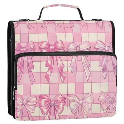 3 Ring Zipper Binder with Shoulder Strap Bow Tie Pink Buffalo Plaid 1.5 inch Binders Keeper Large Capacity Multi Pockets for School Office Supplies - color: Multi471, size: Fit 500 Sheets