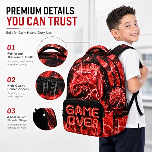 Game Backpack Set for Boys Kids – 17" Large Capacity Gaming School Bag with Lunch Box, Pencil Bag and Coin Purse (Red) - color: Red-1