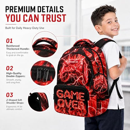 Game Backpack Set for Boys Kids – 17" Large Capacity Gaming School Bag with Lunch Box, Pencil Bag and Coin Purse (Red) - color: Red-1
