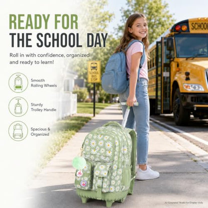 CCJPX 3Pcs Rolling Backpack for Girls, Roller Wheeled School Bookbag, Daisy Wheels Backpacks with Lunch Box for Kids (Green) - color: Daisy Green