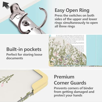 3 Ring Binder 2 Inch, Cute Round Ring Binders with 6 Tab Dividers & Label Stickers, Low Profile Clipboard with Storage, Fashion Aesthetic Binder School Office Supplies (Garden Flowers) - color: Garden Flowers, size: 2" Binder with Dividers