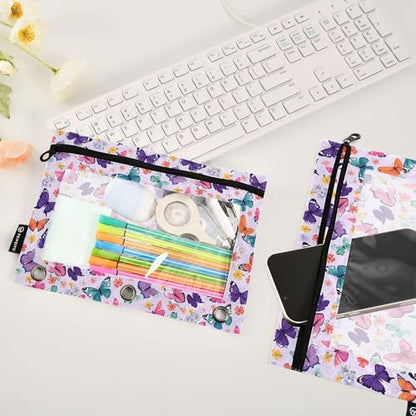 Butterfly Lavender Binder Pouches 3 Ring for Boys Girls School Office College Supplies Purple Rose Flower Pencil Pouches Case Bag with Clear Window and Zipper 2 Pack - color: Butterfly