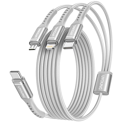 UYOUNG 3 in 1 Charging Cords 6FT 2Pack, USB C Multi Charging Cable Braided Universal Charger, Multiple Charger Cord with Type C, Micro USB and Lightning Ports for iPhone 17/16/15/Cell Phones and More - color: Silver, size: 6FT