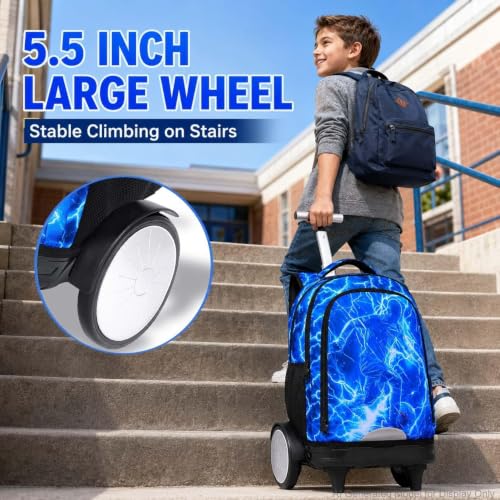 3Pcs Large Rolling Backpack for Boys, 20 Inch Detachable Wheeled Bookbag with Lunch Box, Durable Lightning Soccer Roller Backpack for Elementary Middle School (Blue) - color: Large Wheels Soccer Blue