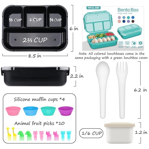 QQKO Bento Box for Kids Adults, School Toddler Lunch Box for Boys Girls, Lunch Box Containers with 4 Compartments, Sauce Container, Utensils, Food Picks and Muffin Cups for School, Black Gray - color: Black Gray