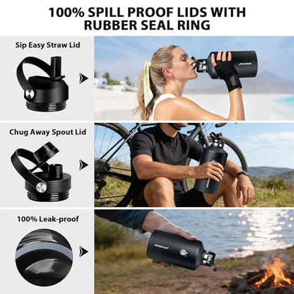One Gallon Insulated Water Bottle, Triple Wall Vacuum 128 oz Stainless Steel Water Bottles (Cold for 48 Hrs), Leak Proof, Non-BPA, Large Water Flask Jug with Straw Lid & Spout Lid - color: Black-Y, size: 128 Ounces