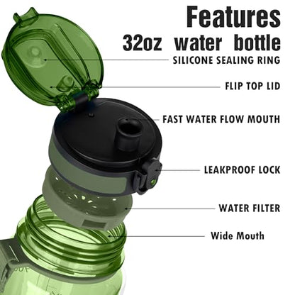 OLDLEY Water Bottle, 32oz Motivational Sports Water Bottle with Time Marker - Times to Drink - Tritan, BPA Free, Wide Mouth Leakproof,Olive - color: Olive